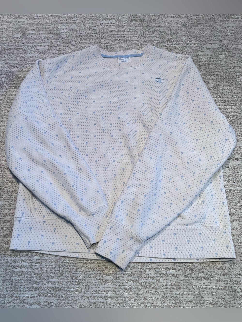 Champion Cream Crewneck Reverse Weave Sweater with Light Blue Palm Dot Print